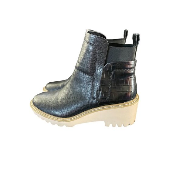 Nicole Miller Women's Black Leather Pocas Chunky Wedge Ankle Boot Size 10 - Picture 1 of 12